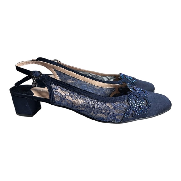 J.Renee Faleece Blue Satin Lace Rhinestone Slingback Heels Size 12 - Picture 2 of 11